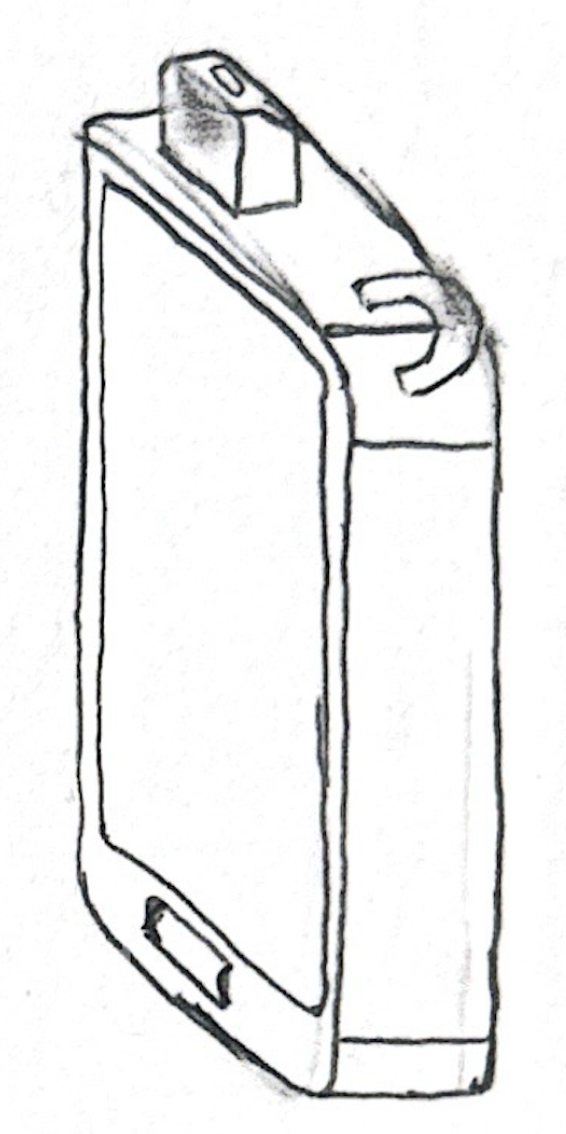 Pencil sketch of the JUNI device, angled side view